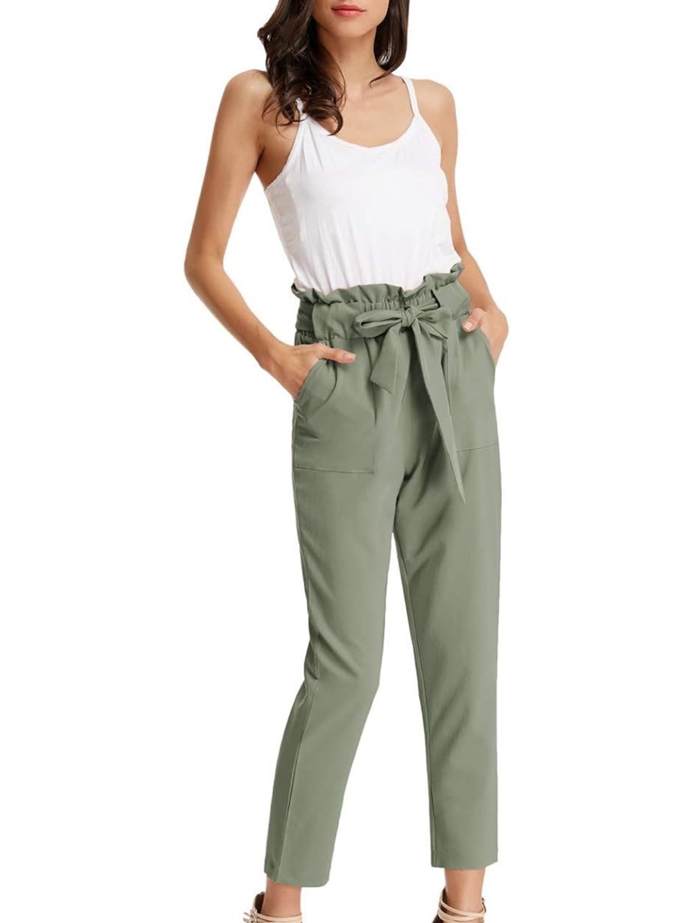 Olive Green Paperbag Tie-Waist Pants